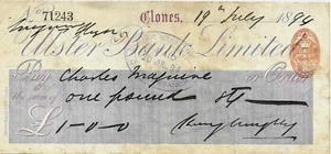 CHEQUE DE IRLANDA N, CONDADO DE MONGHAN, CHEQUE BANCARIO ULSTER .1894. LOTE 13. - Imagen 1 de 1