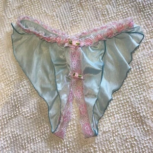 Vtg Crotchless Panties Med Shiny Silky Blue Pink Roses 80s 90s Nicolette Pastel - Picture 1 of 8
