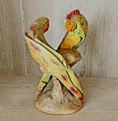 复古鹦鹉雕塑手工雕刻实木鸟配对鲈鱼 13.25 英寸 T — 第 1/4 张图片