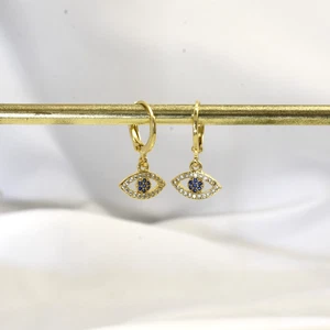Stainless Steel Gold Evil Eye Greek Turkish Blue Cubic Zirconia Drop Earrings - Picture 1 of 5
