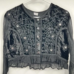 VTG Boho Hippie Fairy Goth Whimsical Velvet Button Jacket Embroidery Sheer - Picture 1 of 12