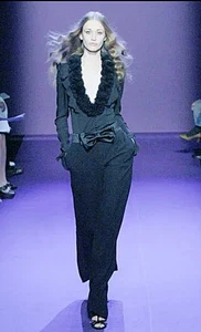 Vintage New ANDREW GN S/S 2008 FR42 US10 Black Silk Roseette Ruffled Blouse - Picture 1 of 6