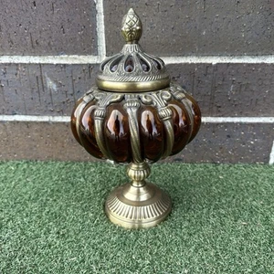 Vintage Hand Blown Bubble Glass Caged & Brass Lidded Apothecary Jar Ruby Red - Picture 1 of 6