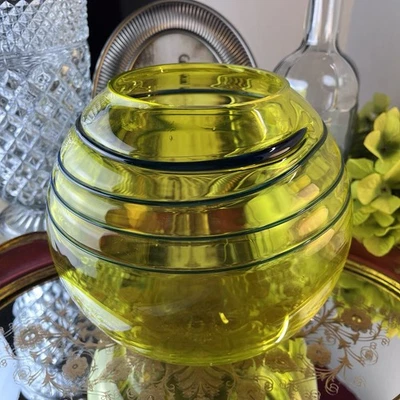 Vtg Blenko Chartreuse Optic Ring Art Glass Bowl Vase -Round - Mid Century Modern - Image 1 of 4