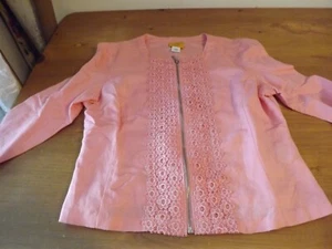 NEW RUBY RD. LINEN JACKET ZIPS petite 10P MELON Pink lace RET68 3/4 SLEEVES - Picture 1 of 12