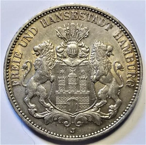 Moneda de plata de 3 marcos Alemania Estados 1908-J Hamburgo en estado bastante bueno+ - Primer año de emisión - Imagen 1 de 4