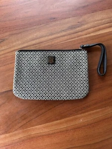 Used TOMMY HILFIGER BEIGE+BLACK CANVAS,SILVER LOGO WRISTLET,WALLET,CLUTCH - Picture 1 of 4