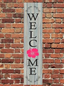 Welcome Pink Flower Sign Metal Aluminum 4"x18" Plaque Plate Door Entry Vertical - Picture 1 of 1