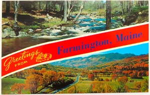 Greetings Farmington Maine cartolina d'epoca cromata paesaggio di campagna viaggio strada - Foto 1 di 2