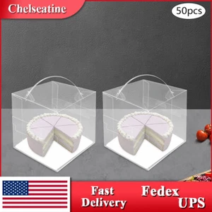 50 Pcs Clear Cake Boxes Plastic Cake Carrier with Lid and Handle 14*14*14cm New - Picture 1 of 14