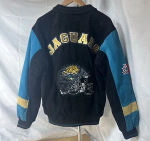 Giacca Vintage Jacksonville Jaguars NFL Scamosciata Varsity Blu Uomo Medium C Dettagli - Foto 1 di 15
