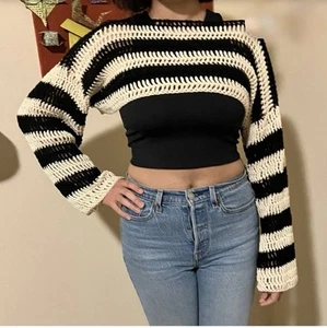 Black and white striped crocheted Open Knit Bolaro Top Shrug - Picture 1 of 11