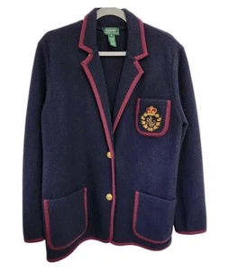 Lauren Ralph Lauren Navy Blue Contrast Trim 100% Wool Blazer Jacket Size M - Picture 1 of 8