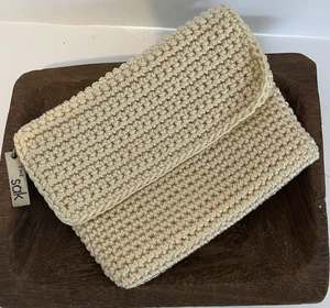 Borsetta The Sak pochette all'uncinetto pochette pochette foderata tasca zip marrone chiaro piccola 7"x6"x1" - Foto 1 di 10