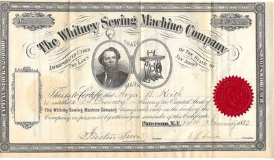Certificado de stock de Whitney Sewing Machine Company 1873 firmado antiguo Paterson NJ Foto 1 de 2