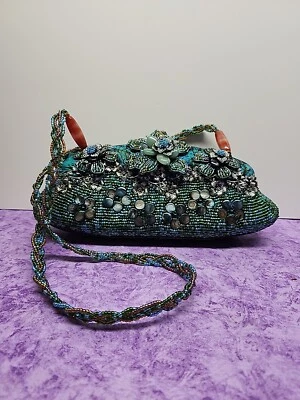 Mary Frances Blue Beaded Raised Floral Hard Shell Purse/Handbag Vintage  - Image 1 of 4