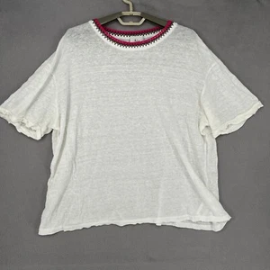 Aje Top Womens Medium White Pink Linen Short Sleeve Crochet T Shirt Knit Basic - Picture 1 of 17