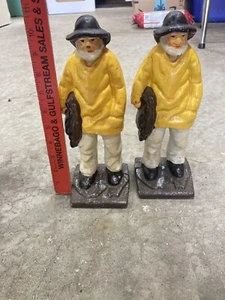 LARGE ANTIQUE CAST IRON OLD SALT FISHERMAN DOORSTOP YELLOW JACKET Set Lot Sailor - Picture 1 of 5