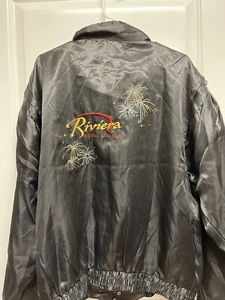 Vintage 80s Riviera Hotel and Casino Men's Large Satin Jacket Moto Bomber Black - Picture 1 of 7
