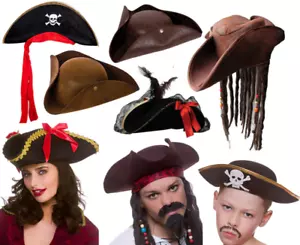 Pirate Hat Kids Adults Fancy Dress Pirates Caribbean Buccaneer Tricorn - Picture 1 of 17