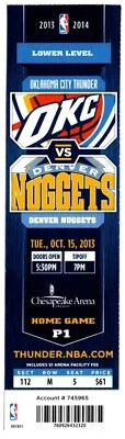 2013 OKLAHOMA CITY THUNDER vs DENVER NUGGETS ticket STEVEN ADAMS preseason debut - Image 1 of 2