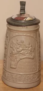 Drinking Scene, Gnomes & Young Lady 1 L German Regensburg beer stein antique - Picture 1 of 7