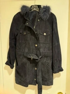 Ellen Tracy Women's Button Down Suede/Leather Coat with Fur Hood - Picture 1 of 3