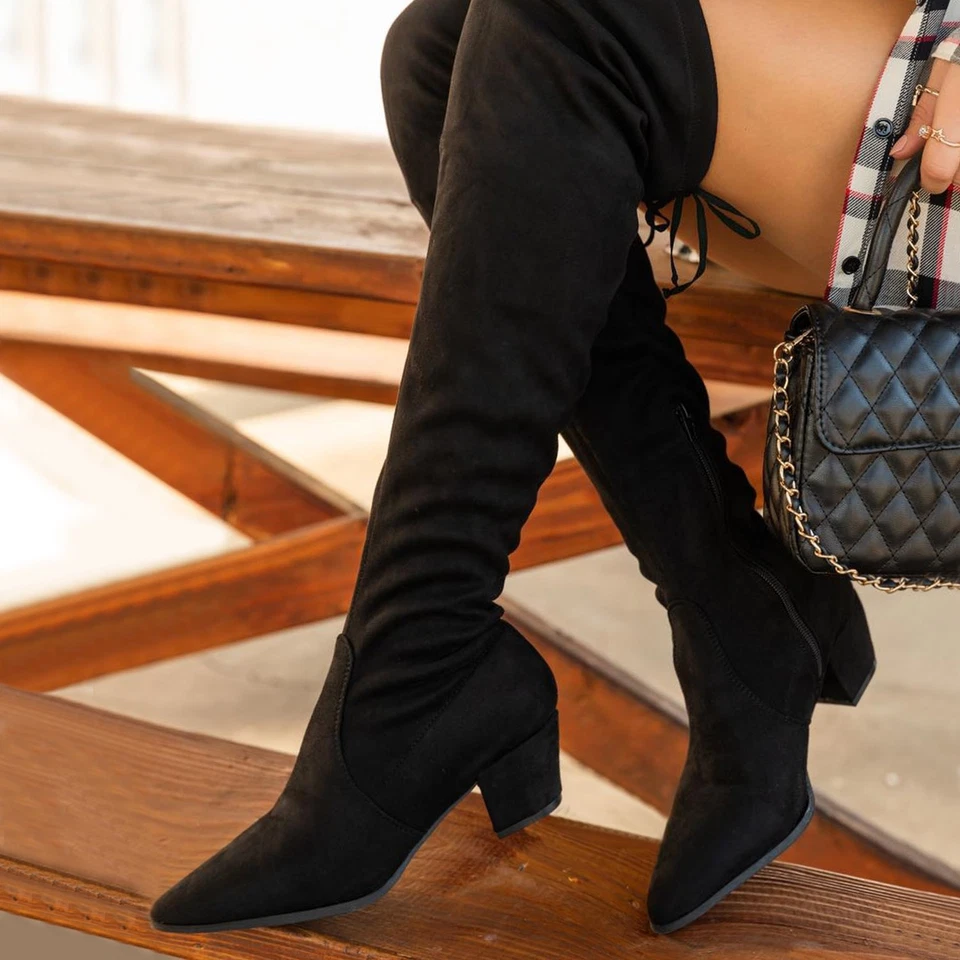 New Women's Over The Knee Thigh High Drawstring Boots Low Block Heel Pointed Toe - Image 1 of 1