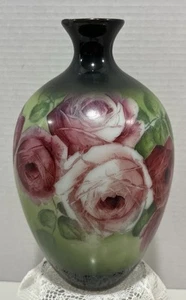 Early Antique FOSTORIA Hand Painted Milk Glass Bulbous Vase Roses 12.5"x8" - Picture 1 of 14