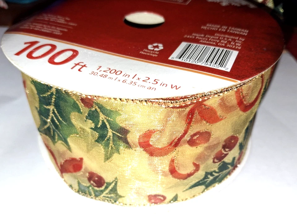 2.5" Wide x 50+ FT golden holly Wired Holiday Ribbon Red, Green, Golden - Image 1 of 4
