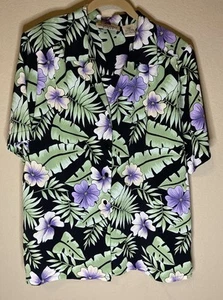 Donnkenny Woman Tropical Floral Blouse 1X Green Purple Button Up Shirt Polyester - Picture 1 of 8