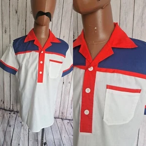 Vintage 1970s Overhead Shirt -Medium- Red White Blue PolyCotton Disco DA55 - Picture 1 of 11