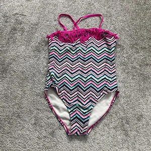 Malibu Swimwear One Piece Girls Kids 14 Multicolor Geometric Tassel Bathing Suit - Picture 1 of 11