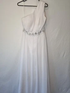 Imoda White Chiffon Gathered Beaded One Shoulder Empire Wedding Dress Sz 12 - Picture 1 of 10