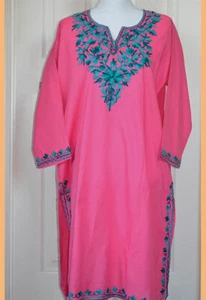 Turquoise Embroidered Pink Color Long Cotton Tunic Top Kurti from India!! - Picture 1 of 5
