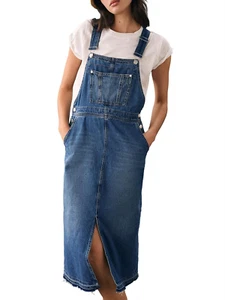 Womens Denim Overall Dress Casual Summer Adjustable Straps Front Split Jean Over - Picture 1 of 4