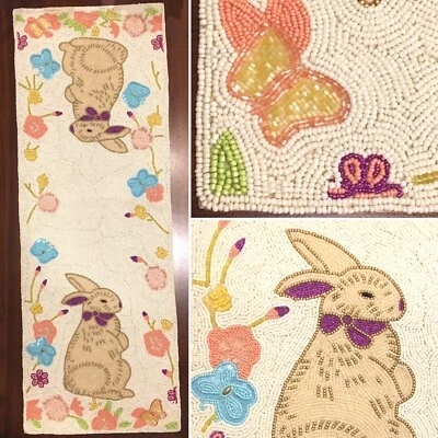 Nicole Miller Easter Bunny Beaded Table Runner Butterfly Floral Pink Cream 36" - Image 1 of 4