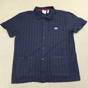 Adidas Shooting Shirt Mens Medium Blue Red Stripe Short Sleeve Button Down Up - Picture 1 of 8