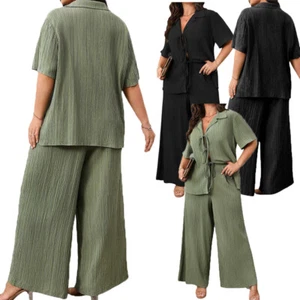 Mujeres Conjuntos Solapa Chándal Pantalones Conjuntos Verano Manga Corta Acanalado Top Suelto - Imagen 1 de 33