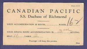 Room and Dining Room Assignment Form - Canadian Pacific Line - Picture 1 of 1