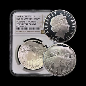 ALDERNEY. 2008, 5 Pounds, Silver - NGC PF69 - Top Pop 🥇 WWI Recruitment Soldier - Picture 1 of 5