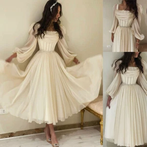 Elegant Chiffon Wedding Dress Short Tea Length Beaded Square Neck Bridal Gowns - Picture 1 of 8