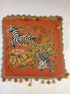 Vintage Needlepoint Pillow Orange 17x17 Safari Zebra Lion Antelope Tiger Jaguar - Picture 1 of 9
