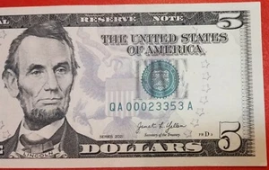 Uncirculated $5 Five Dollar Bill Low Serial Number QA00023353A Series 2021  - Picture 1 of 4