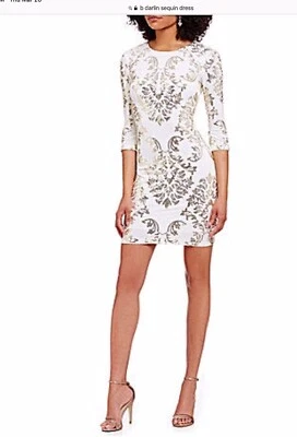 B. Darlin Sequin Mirror Print Sheath Dress Formal Prom Ivory/Gold Size 3/4 - Image 1 of 4