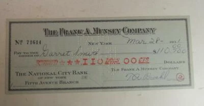 GARRET SMITH SiGNED CHECK FOR ARGOSY PULP 1931 STORY HIGH VOLTAGE Foto 1 de 4