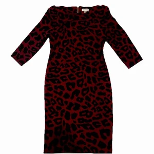 Calvin Klein Animal Print Puff Sleeve Dress Size 8 Red Leopard Cheetah Sheath - Picture 1 of 5