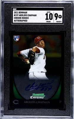 Bowman 2011 cromo #197 Aroldis Chapman novato radiocontrol automático SGC 9 tarjetas/10 rojos automáticos Foto 1 de 2