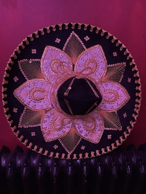 Belri Hand Made Mexican Sombrero Hat Gold Black Sequin Velvet Fancy Dress Party - image 1 of 4