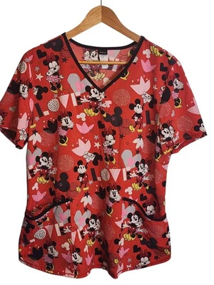 Disney Mickey & Minnie Mouse Valentines Love Letters Scrub Top Sz Large - Image 1 of 4